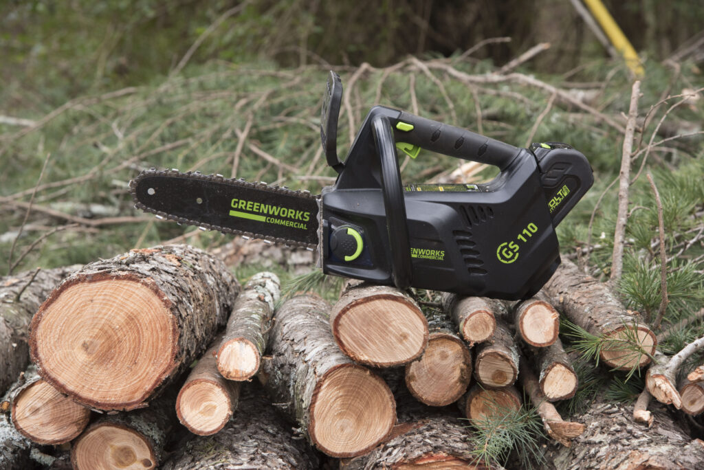 Chainsaw resting on wood